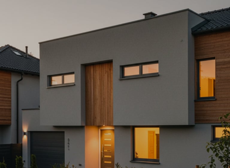 a beautiful house with a driveway and lights on