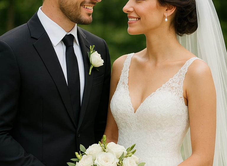 Ένα νεόνυμφο ζευγάρι που χαμογελά μαζί στο γάμο του.