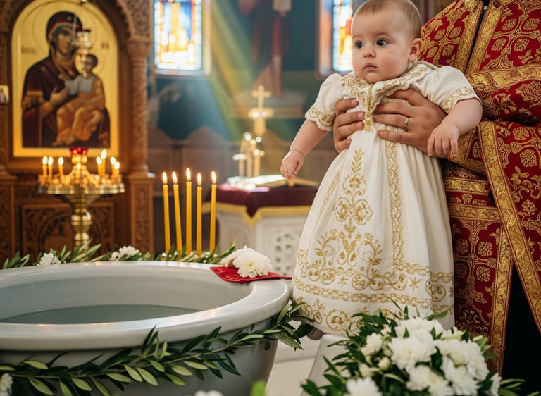 Ένα μωρό με μια λευκή φορεσιά στην τελετή της βάπτισής του.