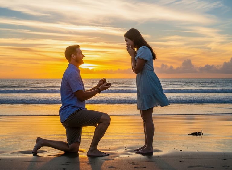A man kneeling and proposing marriage to a woman.