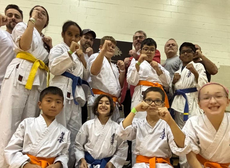 a group of people standing around a group of kids