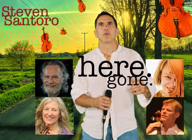 A man holding a microphone. Stringed instruments float behind him along with the faces of musicians