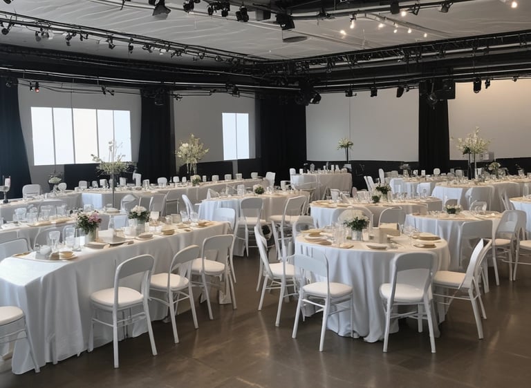 A team setting up tables and chairs for an event in a spacious hall.