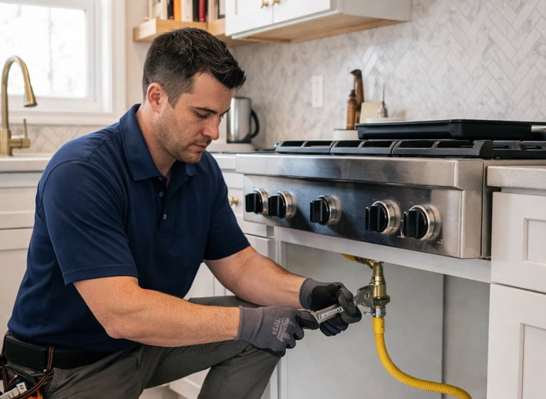 Technician installing a gas range in a modern white kitchen with tools and yellow gas line