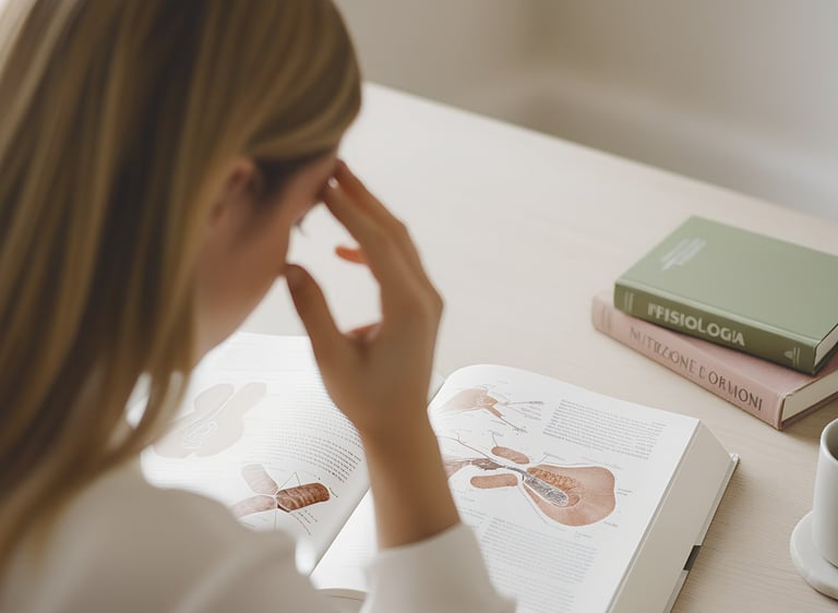 Valeria Angeletti, wellness coach di Metabolika, seduta al tavolo con libro e tazza di caffè