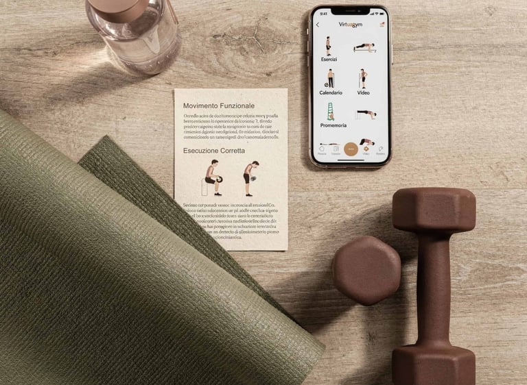 Flat lay con smartphone accanto a tappetino da yoga