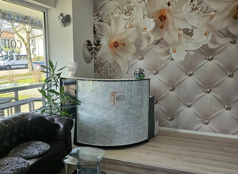 a reception area with a reception table and a reception table