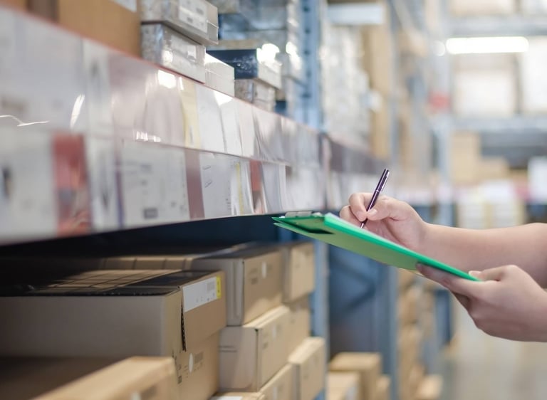 a person holding a clipboard in a warehouse