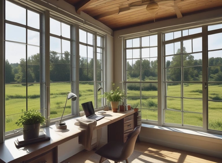 A cozy, rustic workspace with plants, sketches, and warm mocha and cream accents reflecting a nature-inspired creative studio.