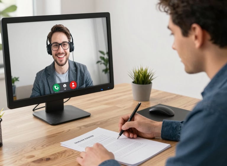 A laptop screen showing a live video notary session with digital documents.