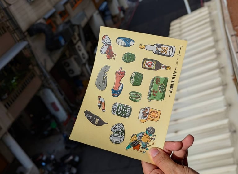 帶有台灣檳榔文化的貼紙系列，包含檳榔盒、檳榔、檳榔渣、高粱酒、保力達B、長壽菸、斷腳的流浪狗、空啤酒罐、藍白拖、撞壞的機車、煙蒂、滿口濱榔的台灣。