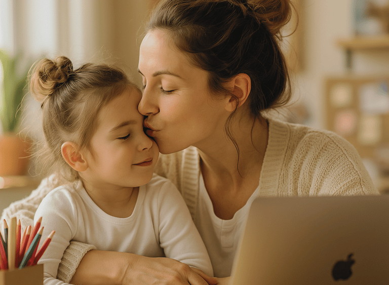 Mujer besando a su hija, mientras trabaja en su negocio desde casa.