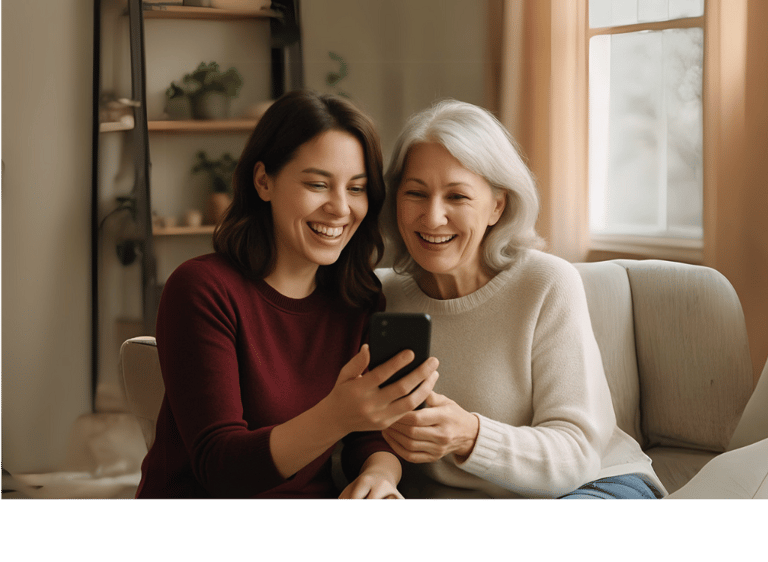 Mujer joven y adulta mayor mientras miran  un celular, representa conexión familiar y motivación para emprender juntas.