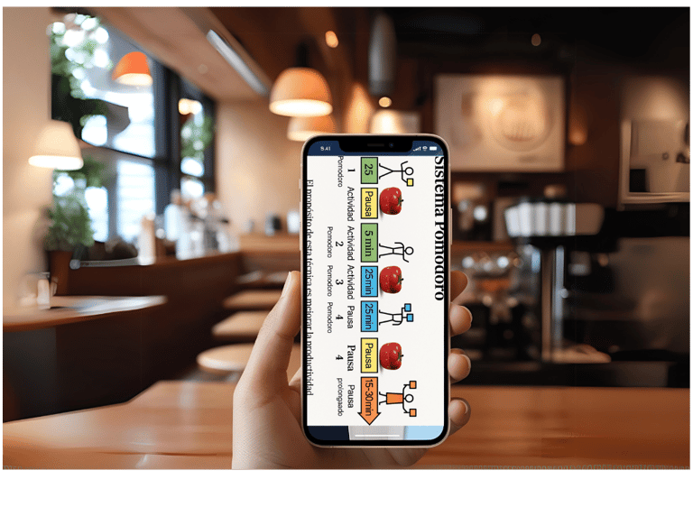 Mano sostiene celular con técnica Pomodoro, organización, productividad, emprender.