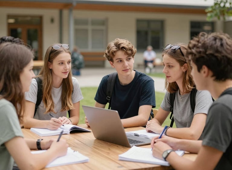 Diverse group of college students studying together on a university campus with notebooks and papers.