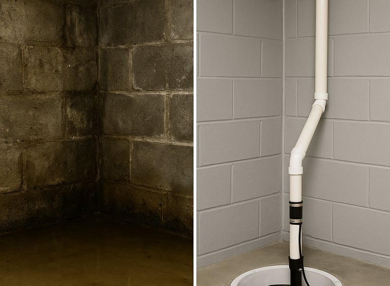 Before and after showing water in an unfinished basement before and a sump pump in a basement after