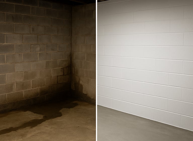 Before and after showing water in unfinished basement before and no water in basement after