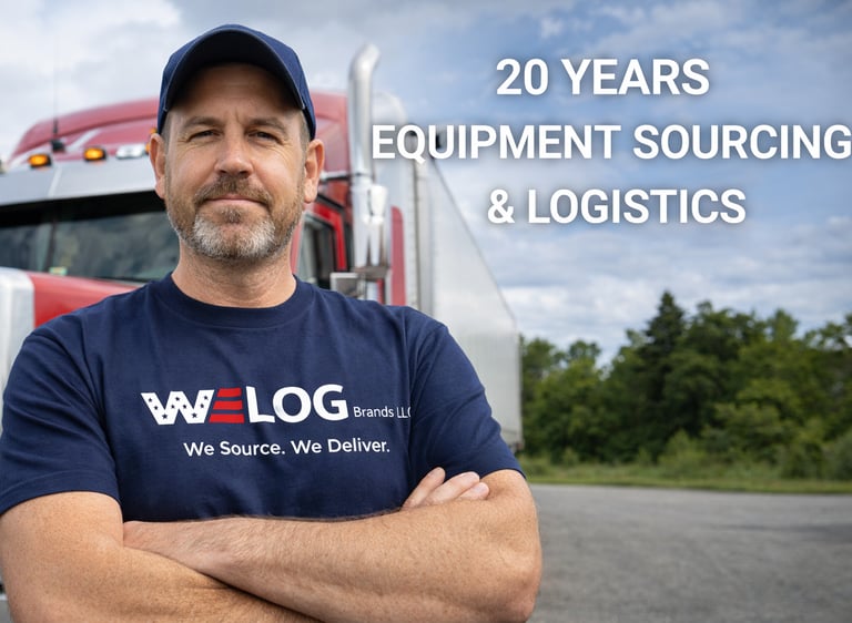 20 years equipment sourcing and logistics professional in front of semi truck wearing WELOG Brands s