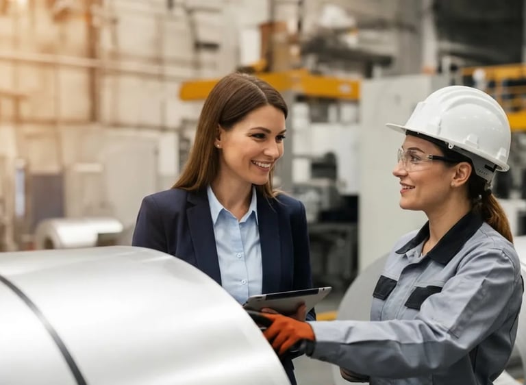 Smiling female engineer and manager discussing steel manufacturing production in a modern factory.