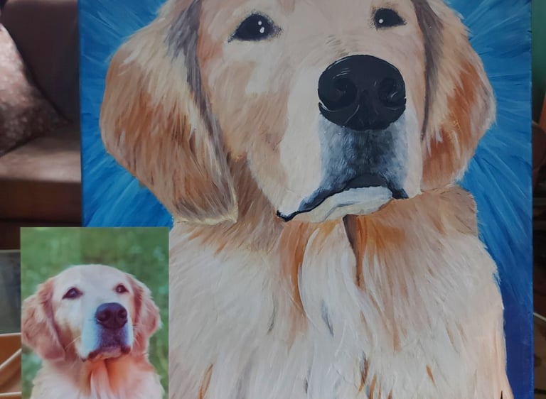 Image of a painting of a dog, with the photo version beside it.