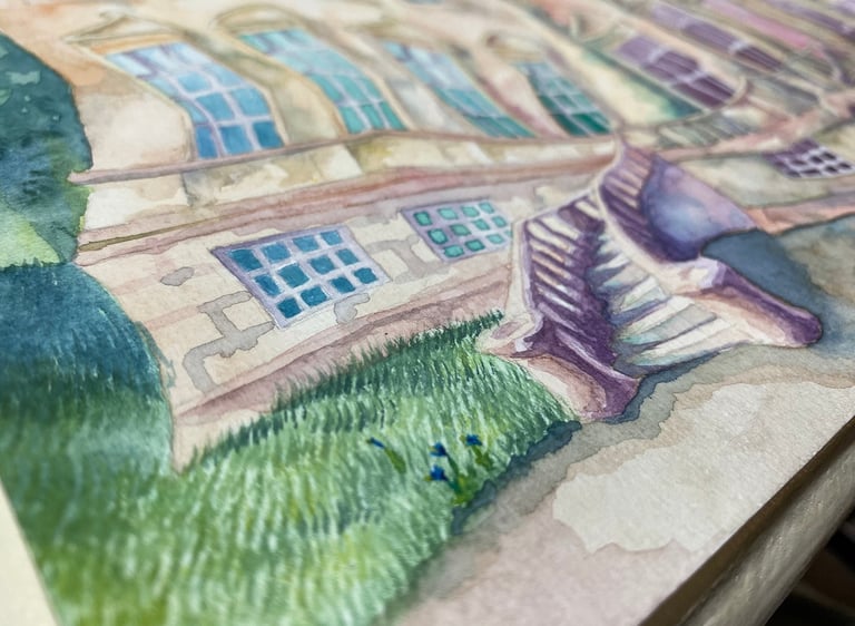 Close up angle of a watercolour illustration depicting a Georgian manor house in pastel tones.