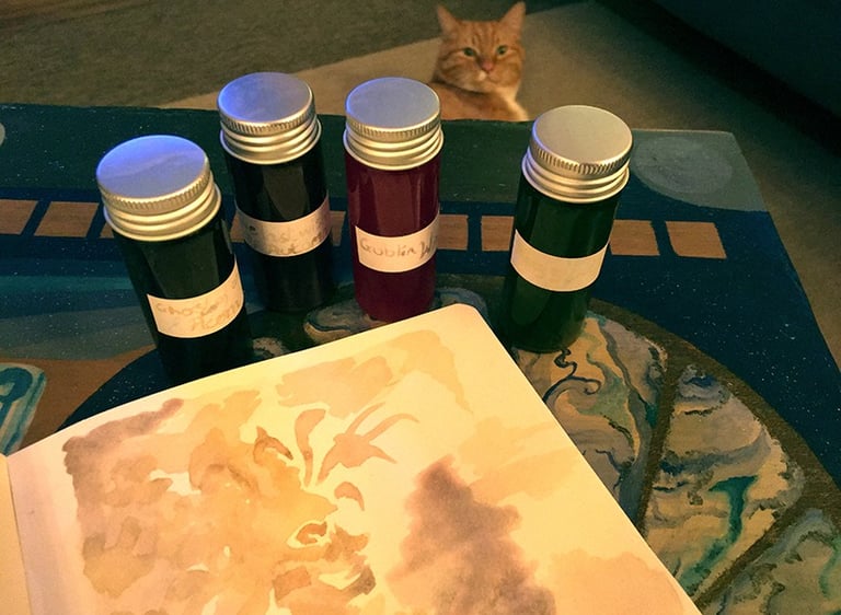 An open sketchbook with a fantasy watercolour illustration on a table surrounded by inks and a cat.