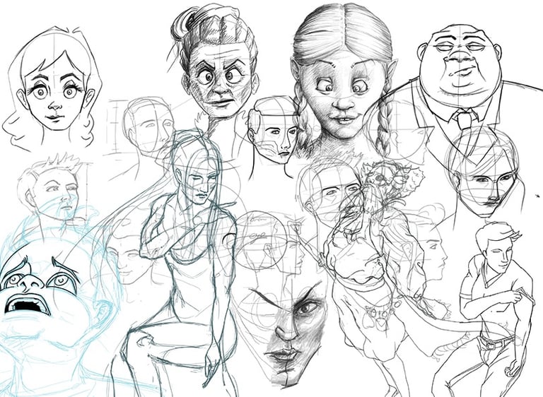 Digital pencil style sketches of faces from many angles which vary in degrees of caricature.