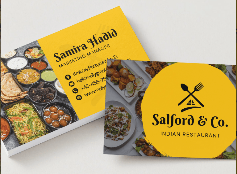 a business card with a fork and knife on it