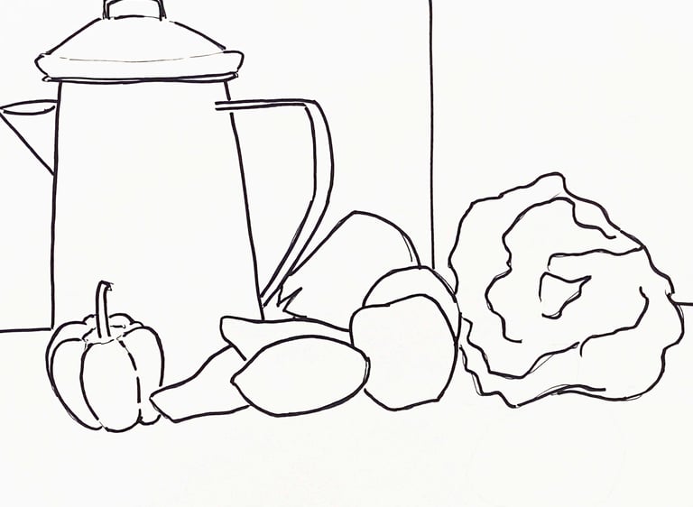 drawing of a pitcher and fruit still life