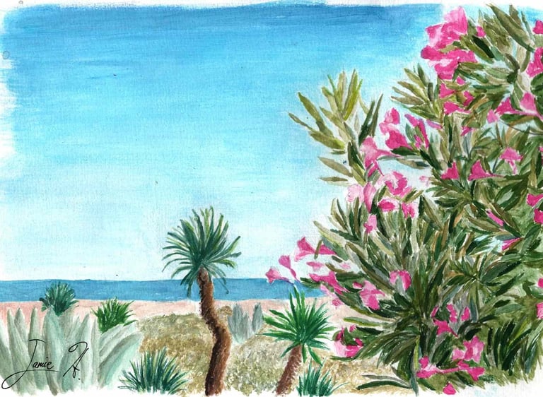 a painting of a tree with pink flowers by the ocean