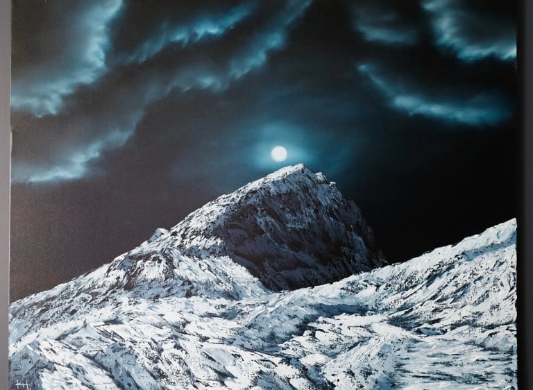 a mountain scene with a moon and a full moon