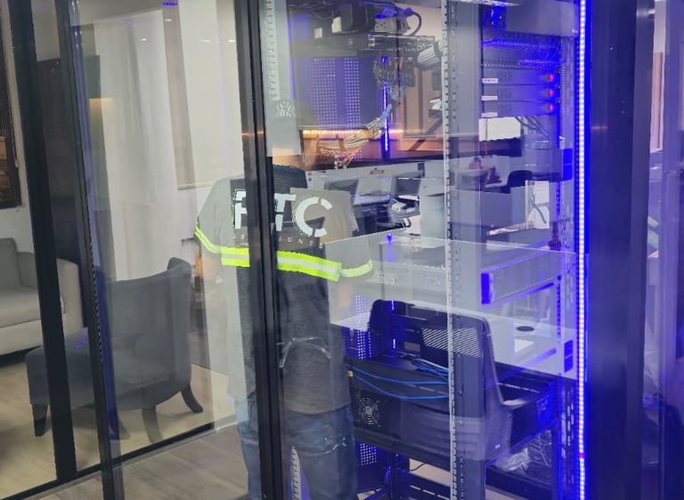 Técnico trabajando dentro de cuarto de servidores con gabinete iluminado.