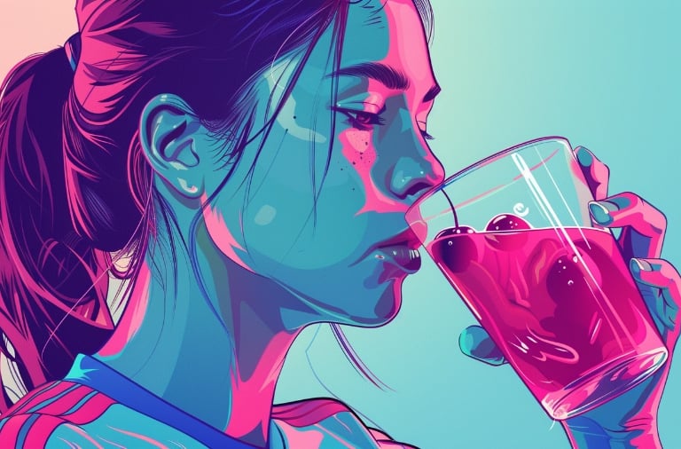 a woman drinking a glass of cherry juice