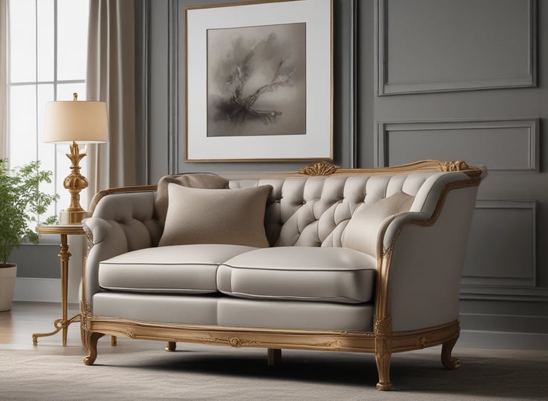 A neatly organized home office space features a large computer monitor on a wooden desk. There is a white ergonomic chair in front of the desk, a tall potted plant to the right, and kitchen utensils hanging above a sink area. An anglepoise lamp is positioned next to some filing drawers.