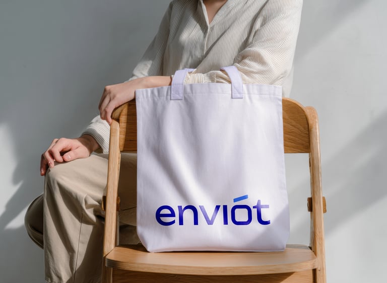 A person sitting on a wooden chair with a white Enviót branded canvas tote bag.