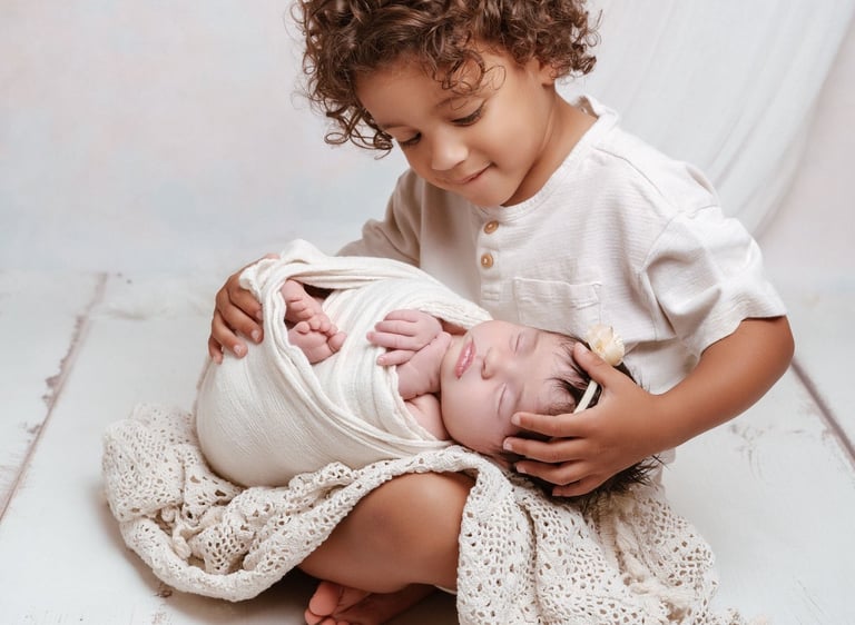 a young child is holding a newborn baby