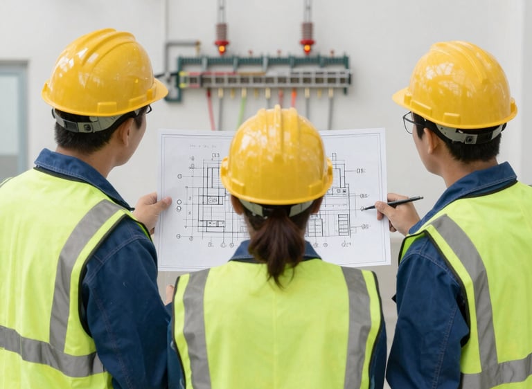 An electrician fixing wiring inside a modern home, focused and professional.