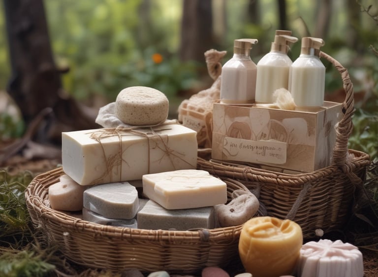 A collection of skincare and beauty products laid out on a surface. The items include a sachet labeled 'Love Beauty and Planet' featuring a floral design with pink flowers, a small dropper bottle with a dark cap, a white packet labeled 'Beautycounter Overnight Resurfacing Peel,' and a makeup brush with dark bristles and a metallic handle.