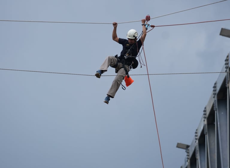 Professional technician performing high-altitude rope access work on a bridge structure.