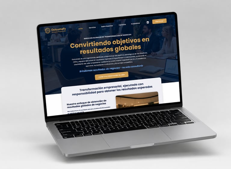 Un portátil plateado que muestra la página web de transformación empresarial de Outcomefy