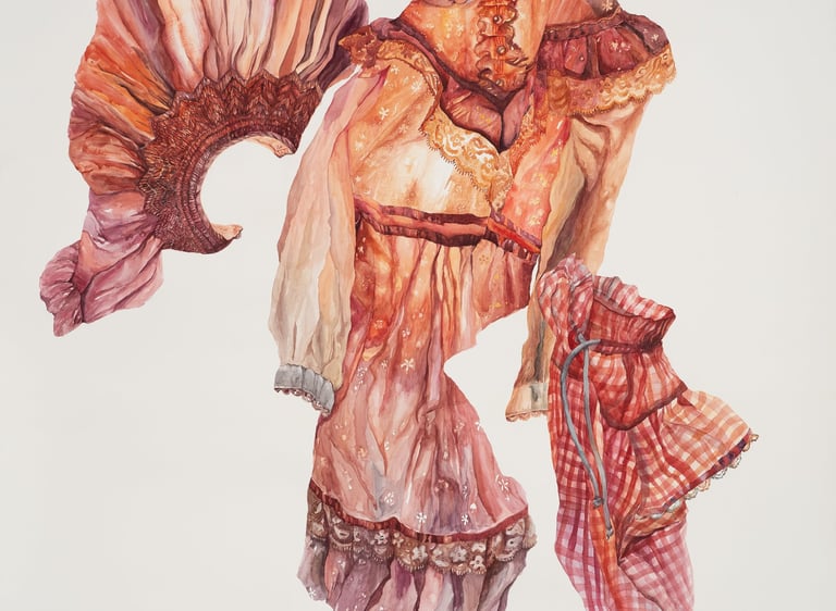watercolor painting of three dress fragments with fine details of pattern, lace, and ribbon
