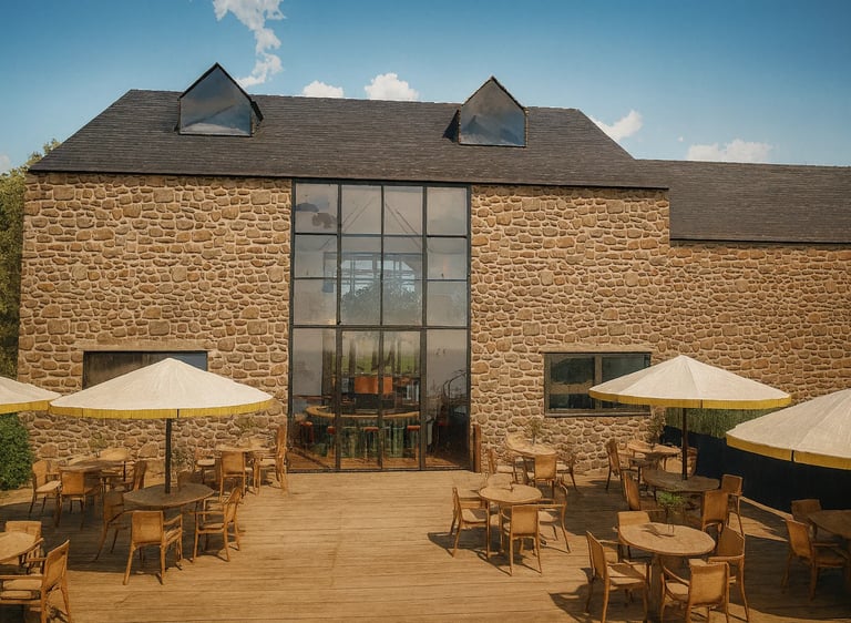 Rustic stone barn restaurant with a large glass facade and outdoor patio seating under umbrellas.
