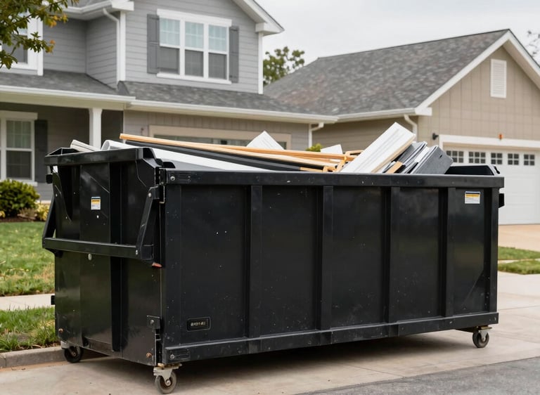 A green roll-off dumpster parked in a suburban driveway surrounded by neatly trimmed bushes.