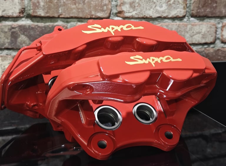 Flame Red powder coated calipers with Gold Logos
