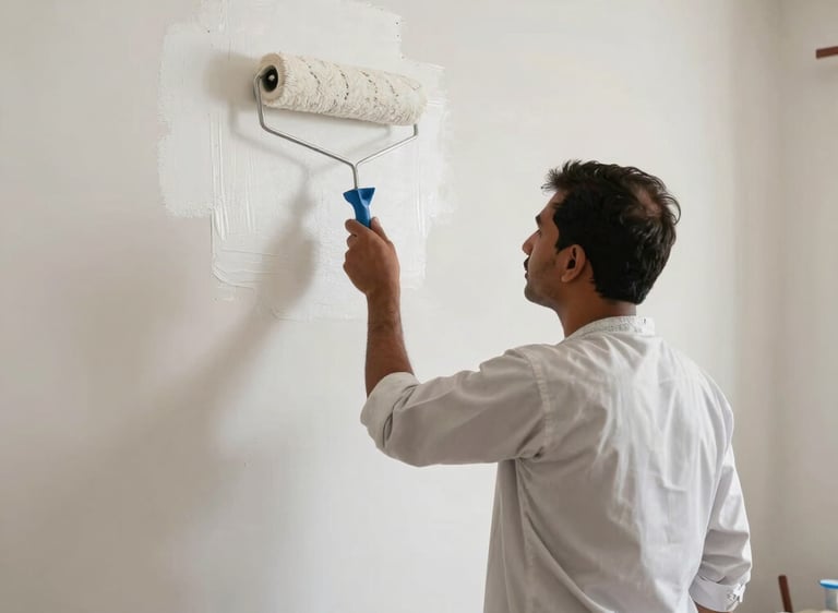A skilled painter carefully applying a warm beige coat on a home's exterior wall.