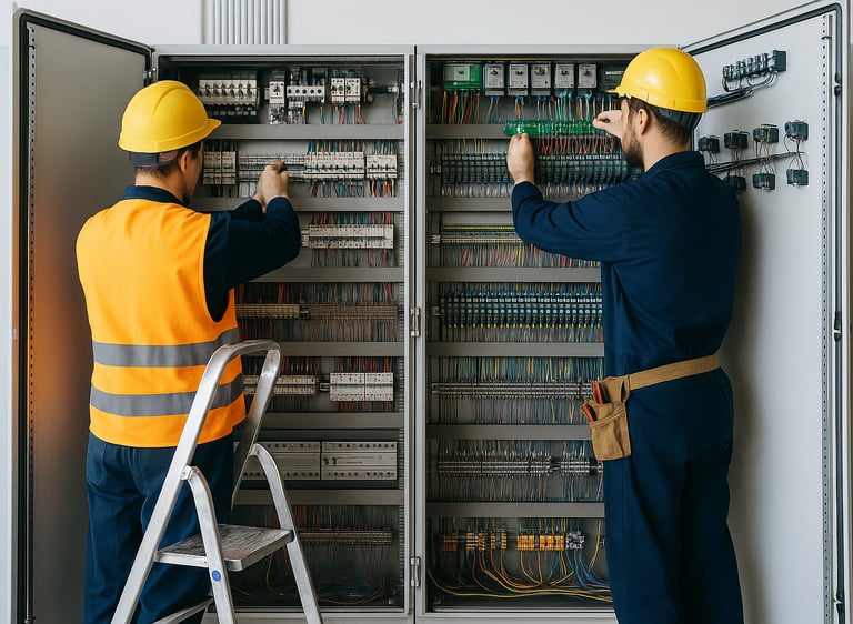Zwei Elektriker arbeiten an einem großen Schaltschrank in einer Industrieanlage.