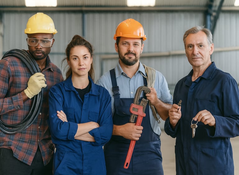 Vier spezialisierte Handwerker – ein Elektriker, ein Mechaniker, ein Anlagenbauer und ein Schlosser