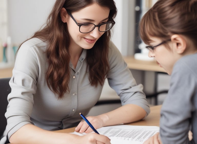 A psychology tutor explaining concepts to a focused student in a cozy study room.