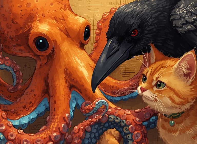 an octopus helping a crow and a cat study