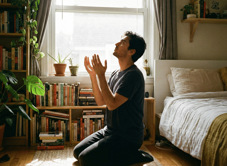 a man sitting on a bed with his hands up to his chest